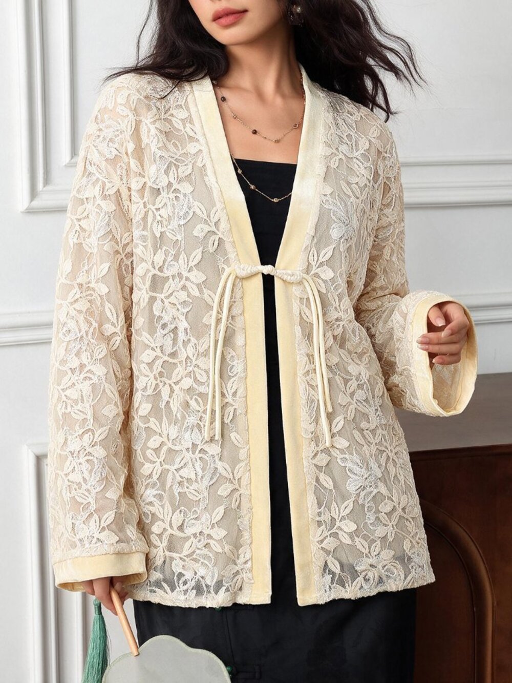 Apricot Casual Women's Contrast Lace Sheer Tie Front Kimono Sleeve Jacket - Picture 3 of 8